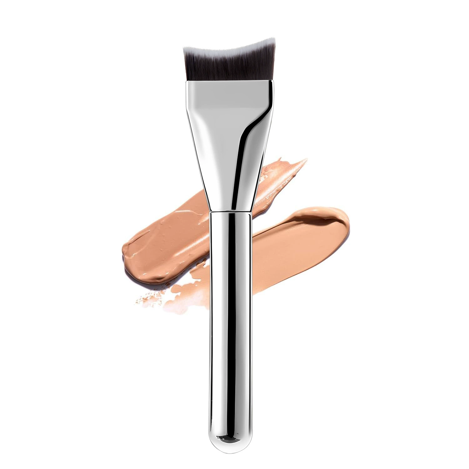 Foundation Brush (flat) — silver handle, PVC protective cover, no-trace blending, 14×3×2 cm