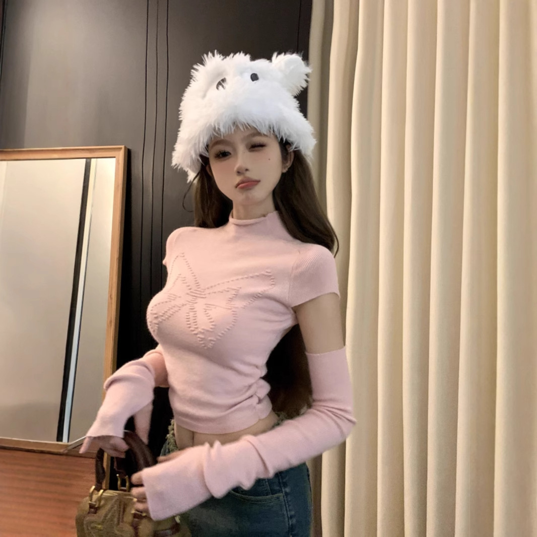 FunnJ Square Charming Hot Pet Design Butterfly Detachable Half-High Collar Base Shirt Women's Knitted Top