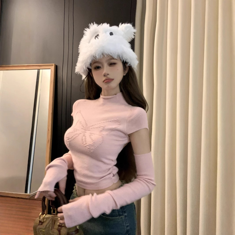 FunnJ Square Charming Hot Pet Design Butterfly Detachable Half-High Collar Base Shirt Women's Knitted Top