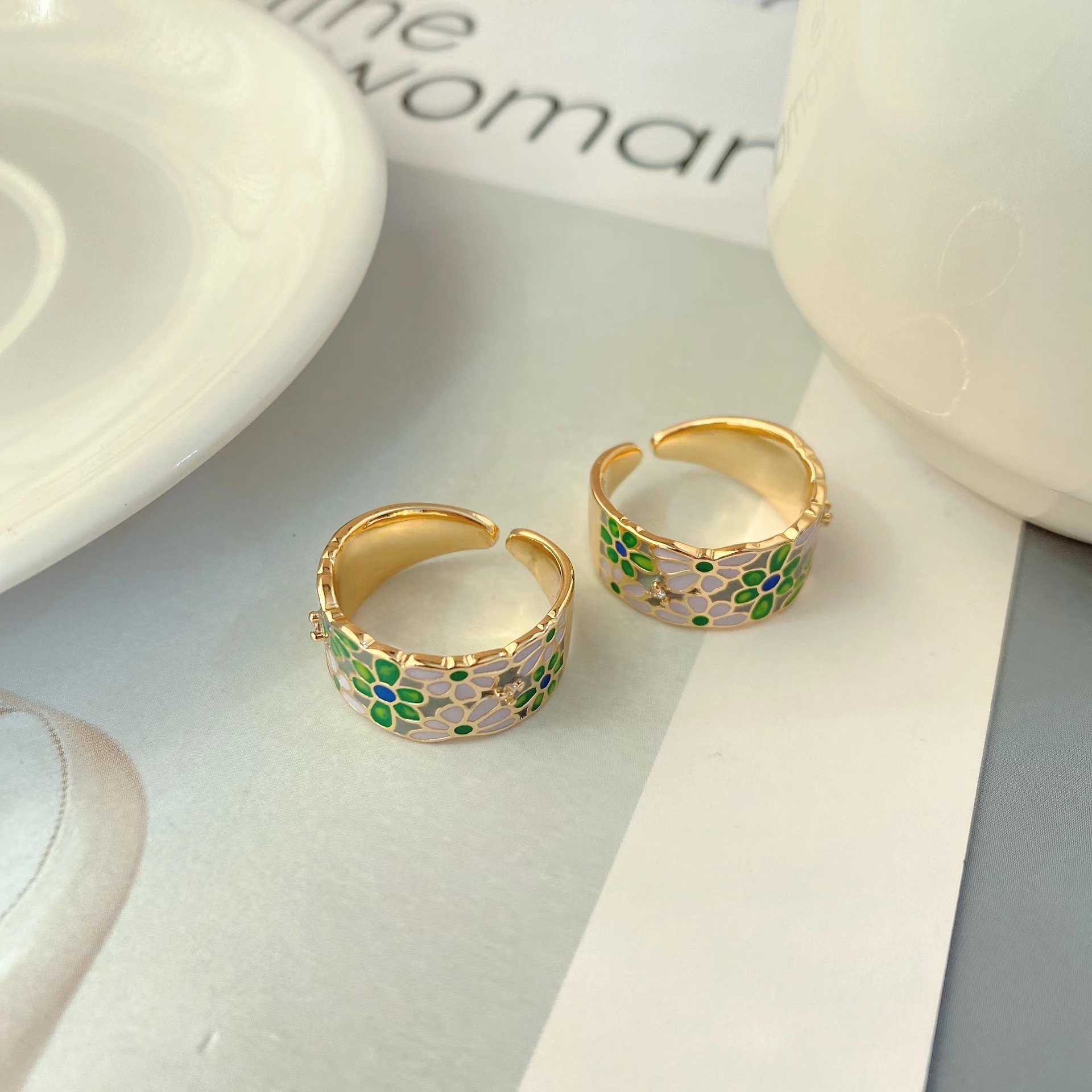 fashion trend new copper plated 18k gold flower micro diamond open ring