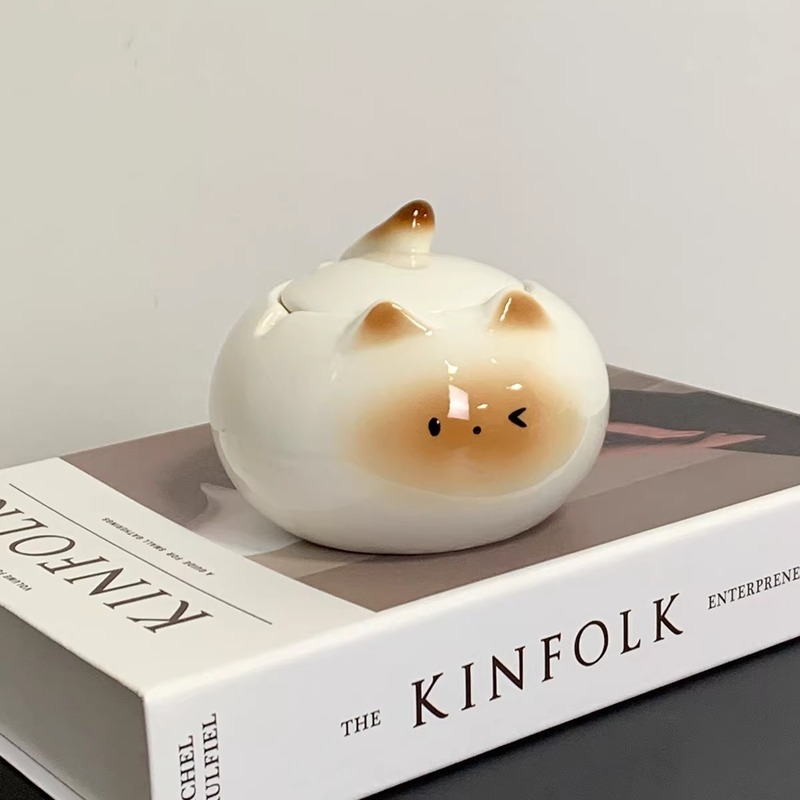 Mulanqi オリジナル シャム猫灰皿 リビングルーム オフィス デスクトップ カバー付き セラミック かわいい アート オーナメント|undefined