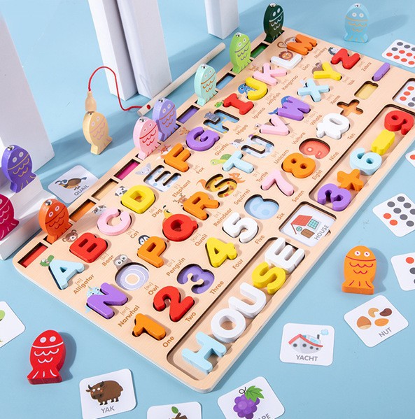 Juguetes de educación temprana para niños Tablero de números y letras siete en uno multifuncional Juego de pesca magnética de rompecabezas para bebés