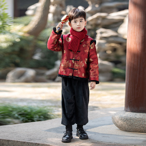 Children's New Year's greetings suit plus velvet Tang suit winter boy's Chinese style Hanfu two-piece set student costume performance suit with scarf