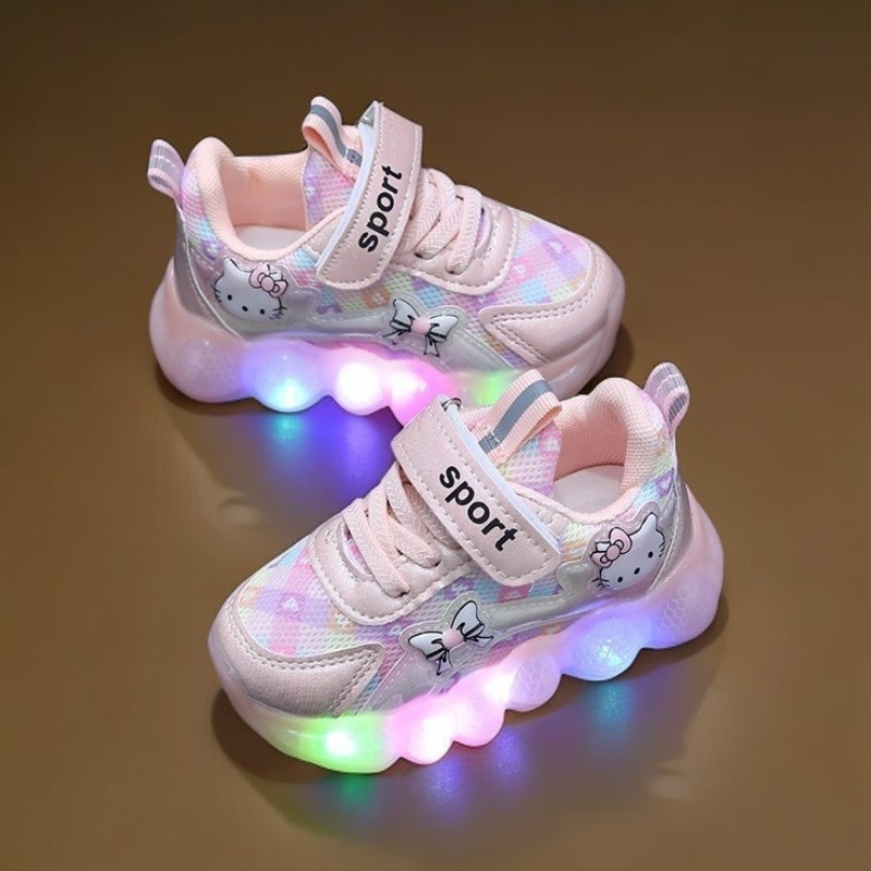 Lighted Baby Girl Shoes Girls Sports Shoes Soft Sole 2025 Spring & Fall New Mesh Hello Kitty Dropshipping