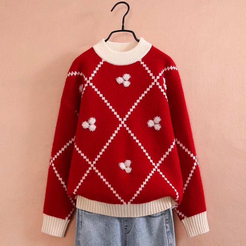 女童紅色毛衣加絨加厚2025冬裝新款洋氣中大兒童打底針織衫拜年衣