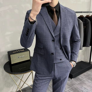 Men's Suit Three-Piece Korean Style Slim Plaid Groom Wedding Groomsman Dress Casual Professional Formal Wear