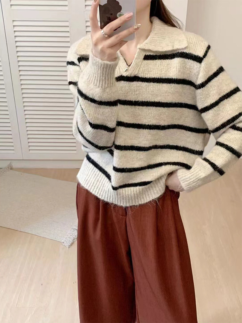 Suéter coreano con solapa para mujeres otoño y invierno nuevo estilo simple con rayas de contraste de color perezosas versátiles sueltas camisetas de punto transfronterizas image 6