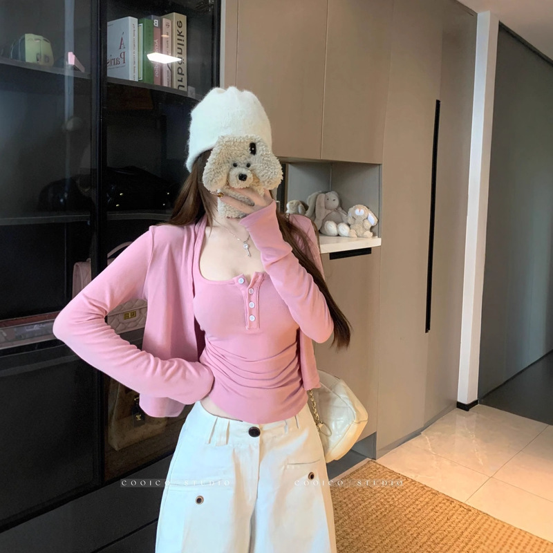 早秋穿搭一整套装粉色短款长袖开衫上衣女挂脖吊带背心辣妹两件套|undefined