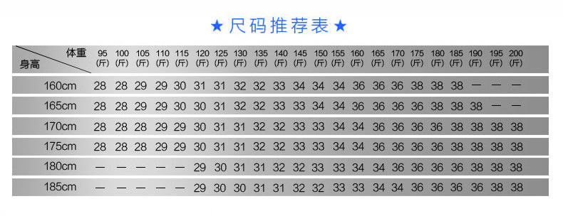 尺码推荐表