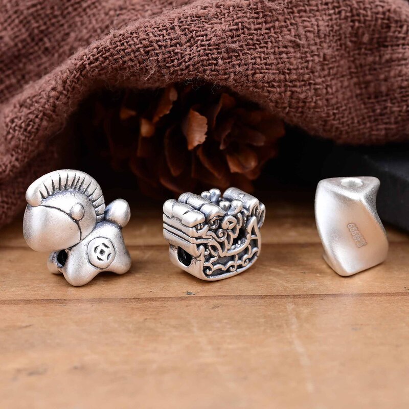 S999 Silver Money Trojan Dragon Boat Twist Bead Retro Cute 3D Hard Silver DIY Bracelet Jewelry Accessories