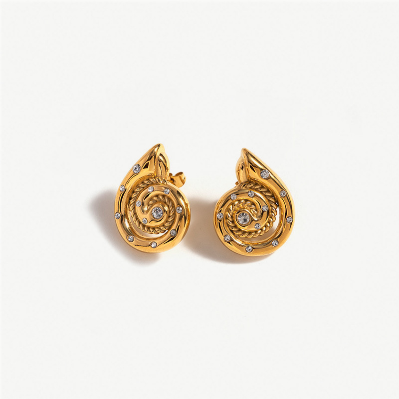 TENA diseño original de concha de estilo nicho de acero inoxidable zircon aretes de oro 18K