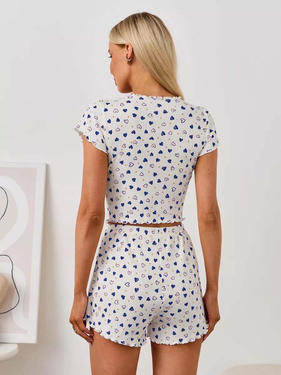 Completo pigiama da donna a maniche corte con stampa a cuori e fiocco, maniche corte._voghion.com