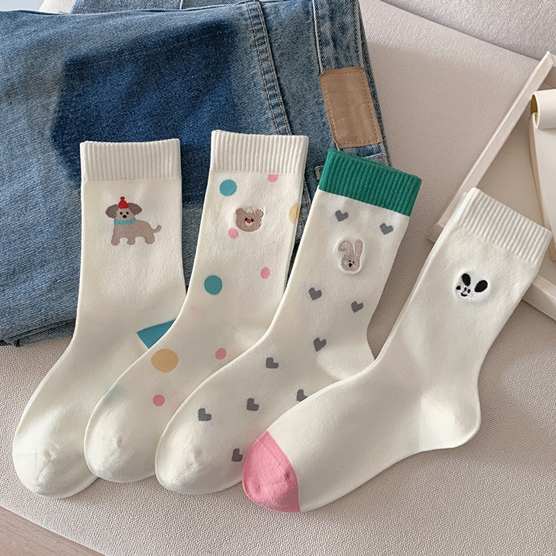 春夏可愛卡通刺繡女生中筒襪吸汗透氣動物圖案棉襪簡約百搭通勤襪