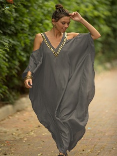 Plus Size Contrast Trim Cold Shoulder Coverup Dress