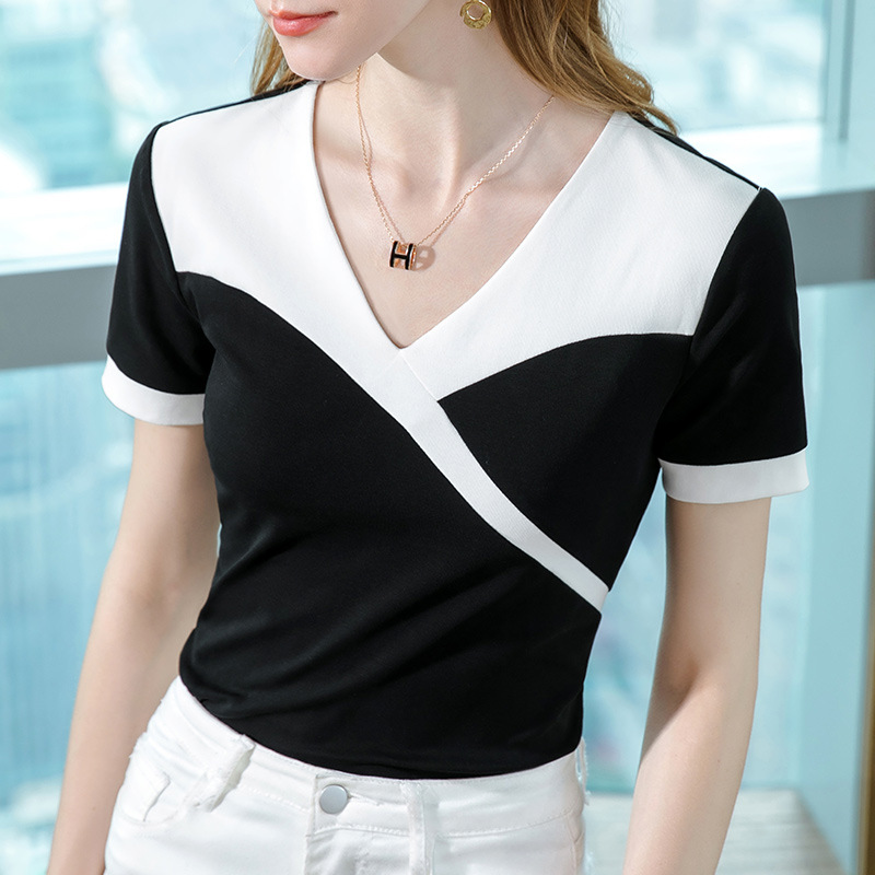 Camiseta de manga corta para mujer verano 2023 nueva Camiseta de algodón de costura de color de contraste de moda para mujer temperamento con cuello en V elegante cintura superior