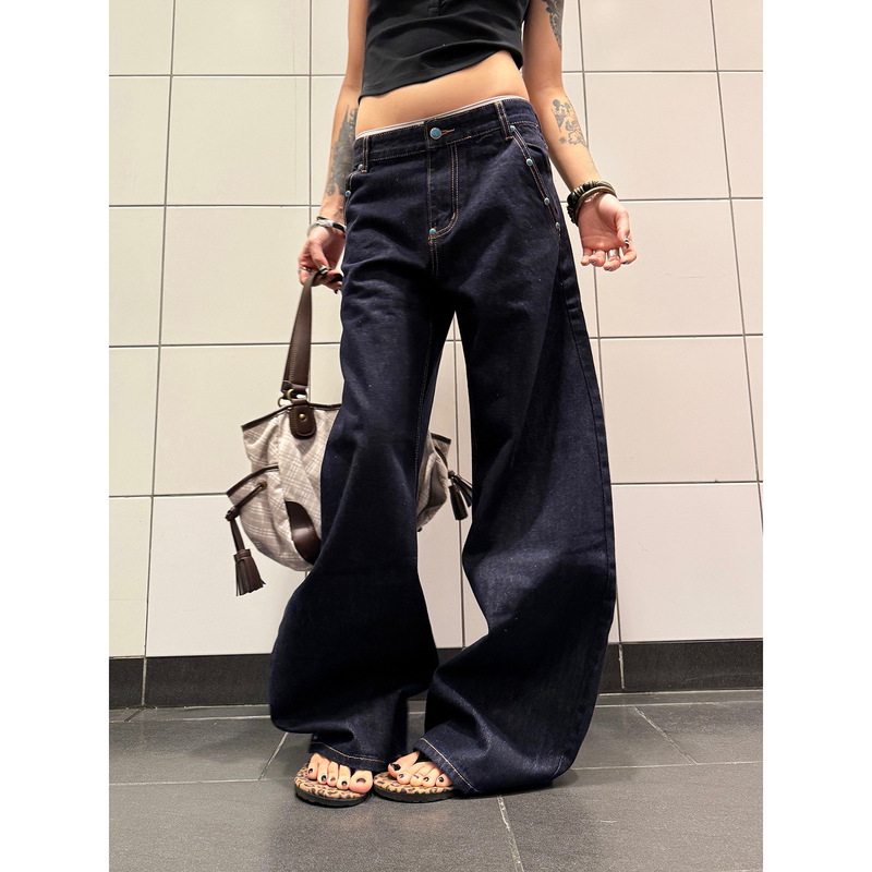 F383 American Retro Denim Original Color Turquoise Scimitar Jeans Unisex A-Line Straight Wide-Leg Pants Trendy