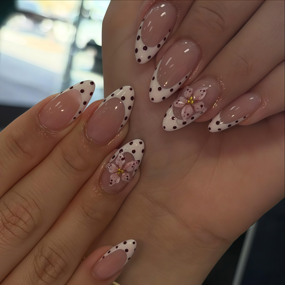 Cross-Border French-Style Polka Dot Almond-Shaped 3D Flower European and American Ins Fashion Nail Stickers Fake Nails Nail Tips