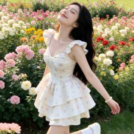 2026春夏法式绝美甜辣妹飞飞袖吊带连衣裙仙女裙收腰蓬蓬裙小个子