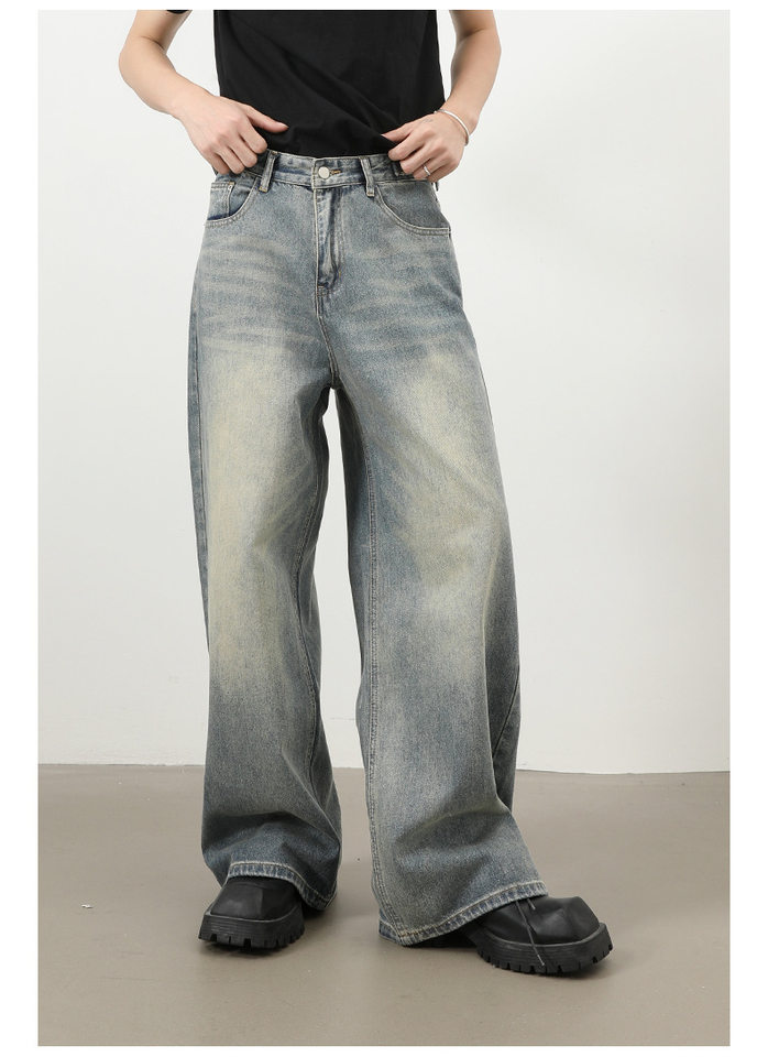 Quần jeans nam ống rộng dáng thẳng phong cách retro, chất denim cotton thoải mái — màu xanh chi tiết 8