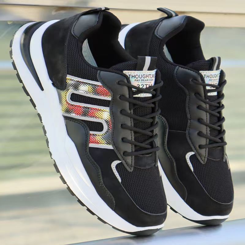 Męskie modne jesienno-zimowe nowe, swobodne, miękkie podeszwy, czarne skórzane buty sportowe do biegania, buty dla taty_voghion.com