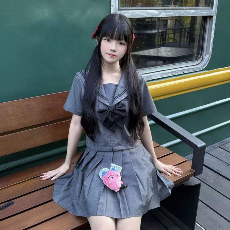 JK制服新款灰二本水手服长袖短袖基础款学院风穿搭百搭短裙一整套|undefined