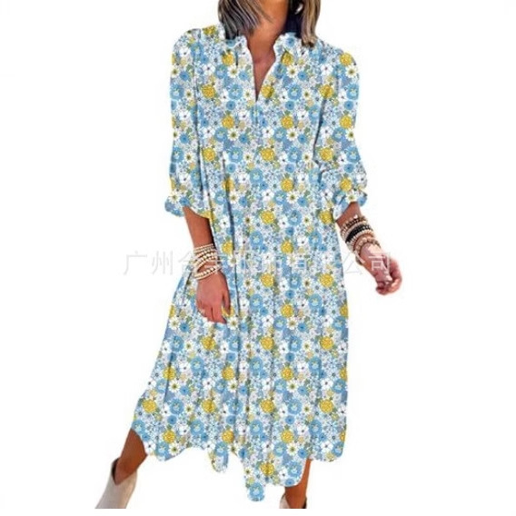 2025 Amazon New Casual Loose Bohemian Flower Long Sleeve Puff Sleeve V-Neck Pleated dress Women 2025 Amazon New Casual Loose Bohemian Flower Long Sleeve Puff Sleeve V-Neck Pleated dress Women