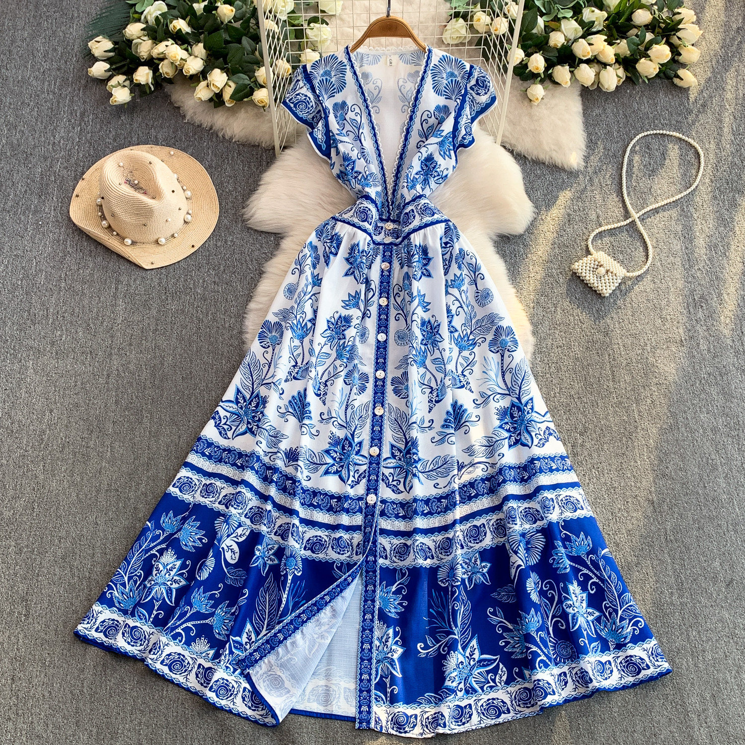 Women's European American Retro V Neck Dress Lace Trimmed Floral Print Fitted Waist Long Skirt Elegant Spring Autumn Wear_ecoleips.com