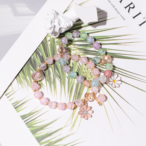 New style small fragrant style crystal beaded colorful daisy bracelet student girl glazed elastic bracelet hand ornaments