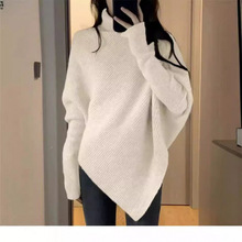 设计感高领纯羊毛衫女加厚不规则宽松毛衣慵懒风针织上衣秋冬款