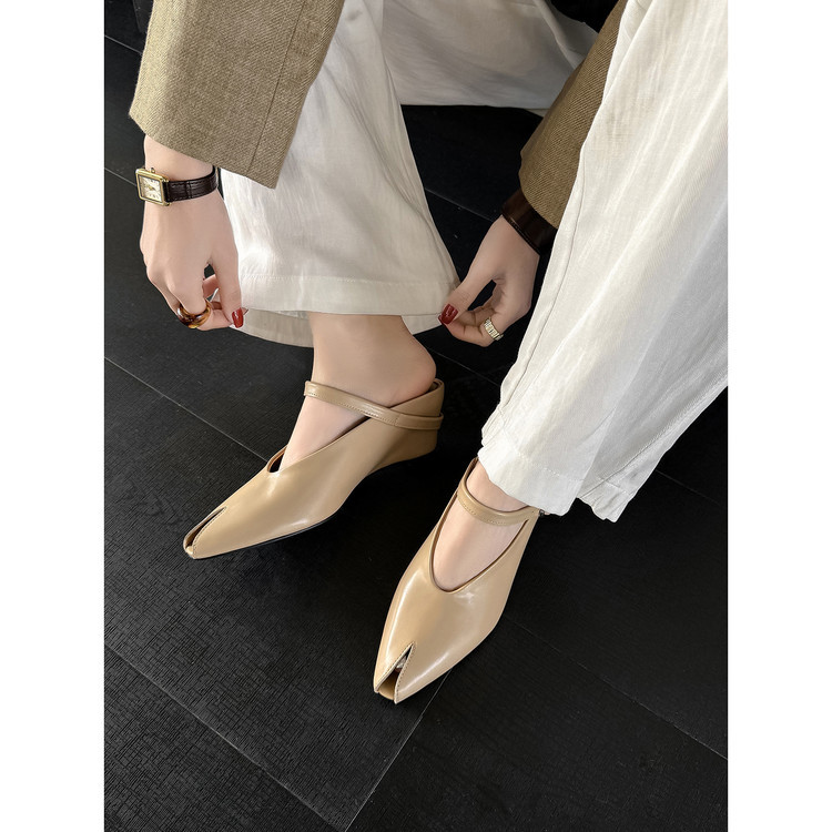 Sandal nữ hở mũi gót nêm cao da bò tăng chiều cao quai ngang — màu đen, màu trắng, màu mơ chi tiết 77