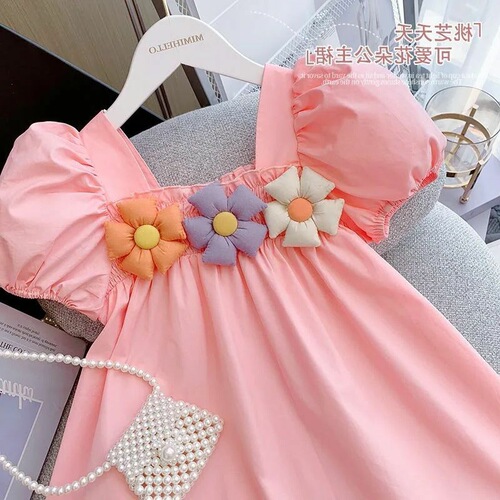 Baby Summer Dress for Girls, Cute Children's Personalized Trendy Korean Style 3D Flower Puff Sleeve Princess Dress
