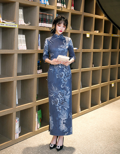 Blue Chinese dress qipao for women oriental Cheongsam slim-fit suede embroidered modified miss etiquette cheongsam dress
