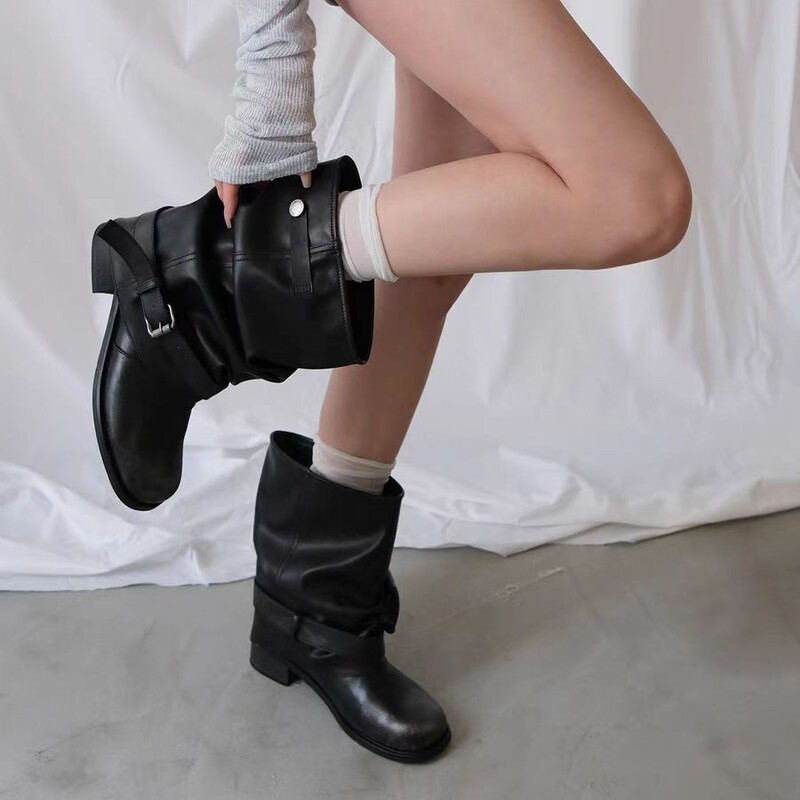 Women's Black Round-Toe Mid-Calf Boots with Internal Height Increase, 2025 Style, Round Toe, Belt Buckle, Flared Cuff, Color-Washed, Ruched, Stacked Women's Black Round-Toe Mid-Calf Boots with Internal Height Increase, 2025 Style, Round Toe, Belt Buckle, Flared Cuff, Color-Washed, Ruched, Stacked