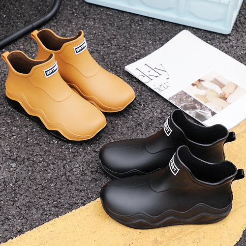 Japanese-style fashionable rain shoes for women, work kitchen water shoes with thermal lining for warmth, rain boots for men, waterproof, anti-slip, wear-resistant rubber shoes, cross-border