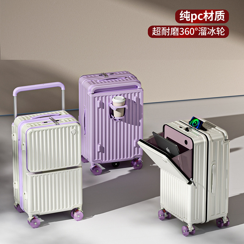 Cross-Border Wide-Handle Suitcase, New Model with Front Opening, Large Capacity, Boarding Code Lock Box, Pc Travel Suitcase, Sturdy and Durable Cross-Border Wide-Handle Suitcase, New Model with Front Opening, Large Capacity, Boarding Code Lock Box, Pc Travel Suitcase, Sturdy and Durable