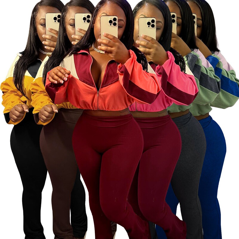 Hr24060 European and American Sports and Leisure Women's Clothing Cross-Border Supply Color Matching Navel-Baring High-Waisted Micro-Flared Two-Piece Set Hr24060 European and American Sports and Leisure Women's Clothing Cross-Border Supply Color Matching Navel-Baring High-Waisted Micro-Flared Two-Piece Set