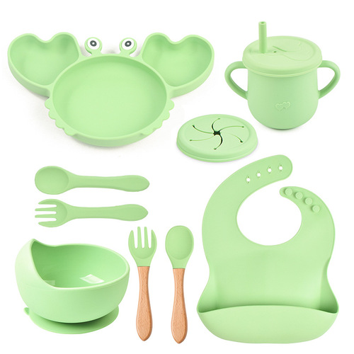 Silicone Crab Plate Baby Bib Toddler Child Bowl Utensils Spoons Forks Anti-Slip Snack Cups Set Factory Wholesale