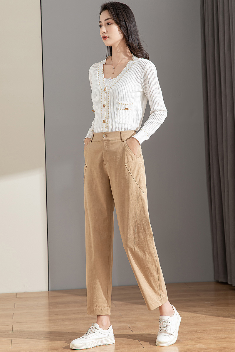 Quần chuối nữ ống rộng dáng thon gọn, cạp cao, chất cotton giặt thường, phong cách cổ điển — Màu Kaki