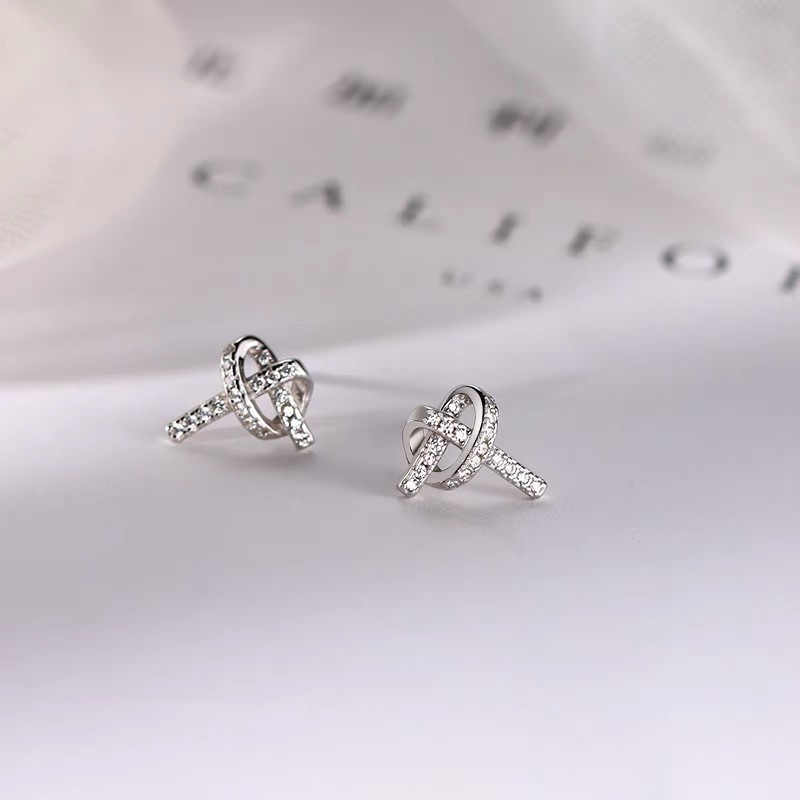 6g Weight Zircon Inlay Material Ear Studs Classification 1 Pair Quantity Daily, Street Occasion 925 Sterling Silver Material Heart Shape, Knot Pattern Women's Gender Plating, Inlay Design Simple Style, Shiny Style 1 Pair 925 Sterling Silver Zircon Heart Shape Knot Ear Studs 9