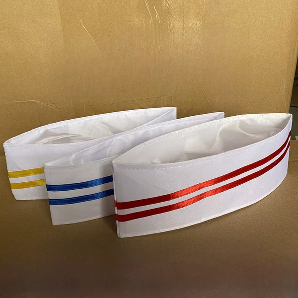 Chef Hat Men's Catering Kitchen Work Hat Boat Hat Canteen White Red Rim Breathable Cloth Hat High-end Flat Top