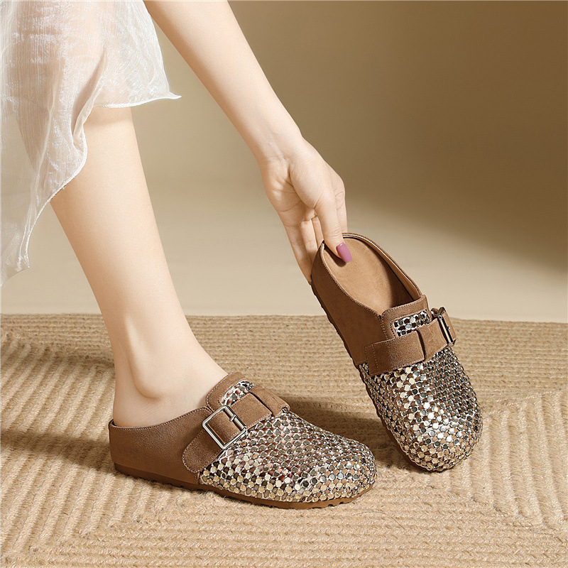 Giày sandal nữ hở mũi đính đá pha lê Burken mùa hè 2026, dáng nửa dép đi làm tiện lợi — 6099 lạc đà, 6099 Vàng