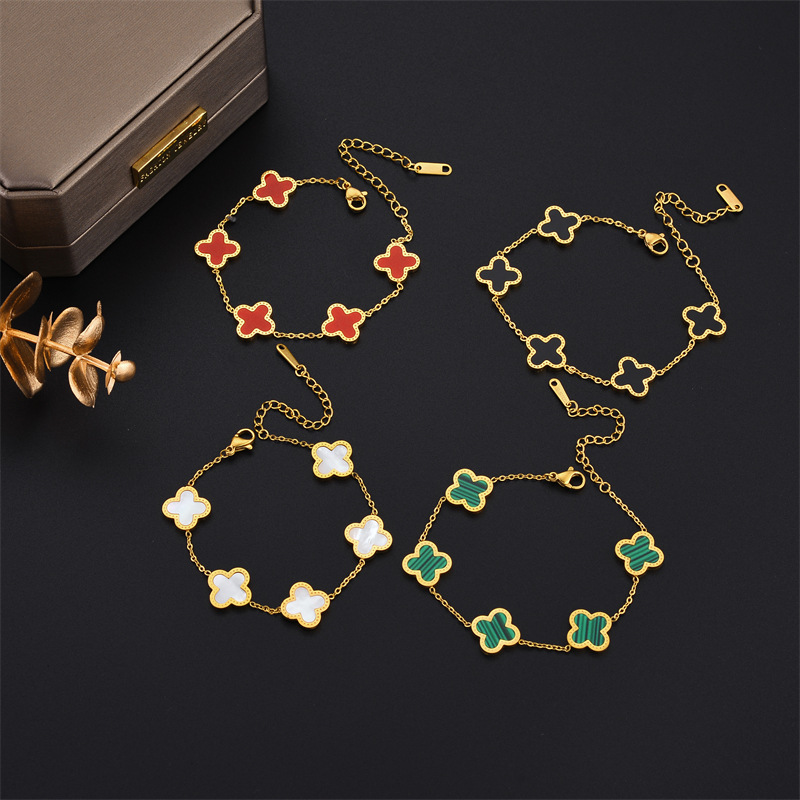 Fashion Four Leaf Clover Titanium Steel Inlaid Gold Shell Bracelets