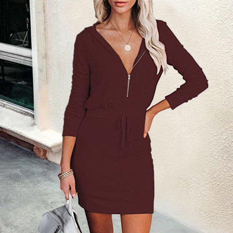 Women's Trendy Solid Color Dress Zip Front Long Sleeve Hoodie Style Waist‑Cinched Casual Daily Wear_ecoleips.com