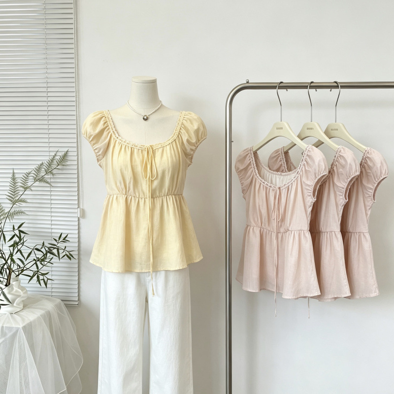 Yuyureal New Color! Cecilia Romantic Lace Trim Tencel Ramie Blouse Women's U-Neck Top