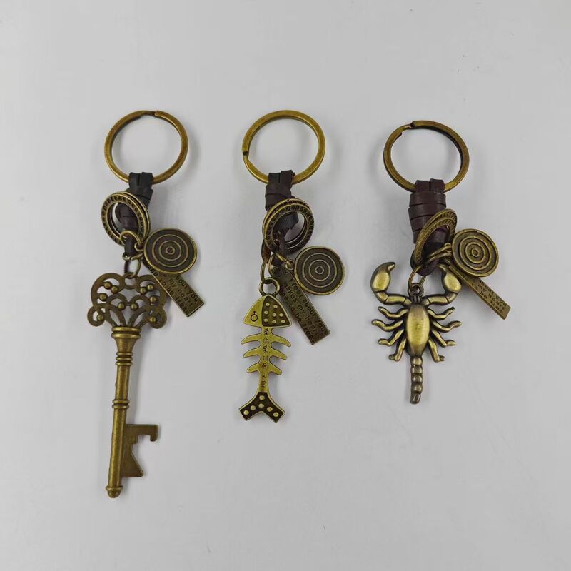 New Personalized Creative Genuine Leather Alloy Retro Keychain Bag Pendant Car Keychain Alarm Clock Bicycle Pendant