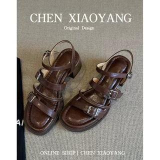 牛皮版复古踩屎感度假罗马凉鞋夏外穿法式粗跟交叉带百搭露趾凉鞋