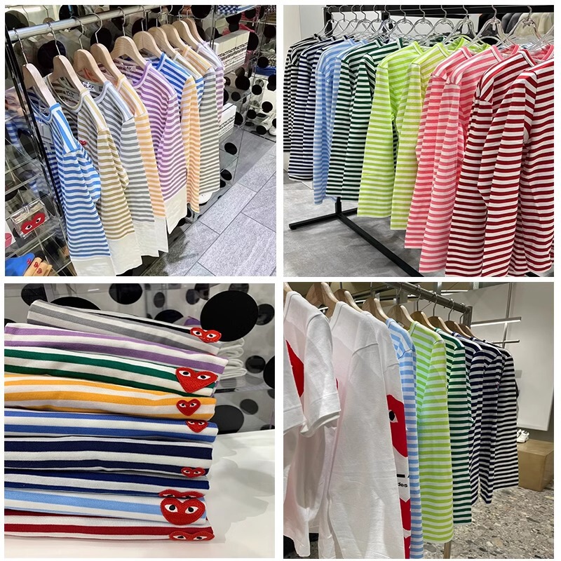 26 Spring and Autumn Trendy Brand Embroidered Heart Striped T-Shirt for Women, Pure Cotton Long-Sleeve Heart Base Shirt, Couple T-Shirt for Men and Women