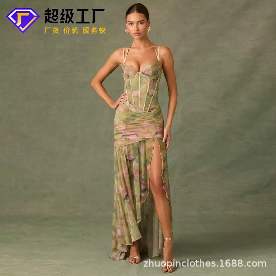卓品服饰定制跨境优雅性感紧身吊带裙侧开叉不规则下摆设计长礼服