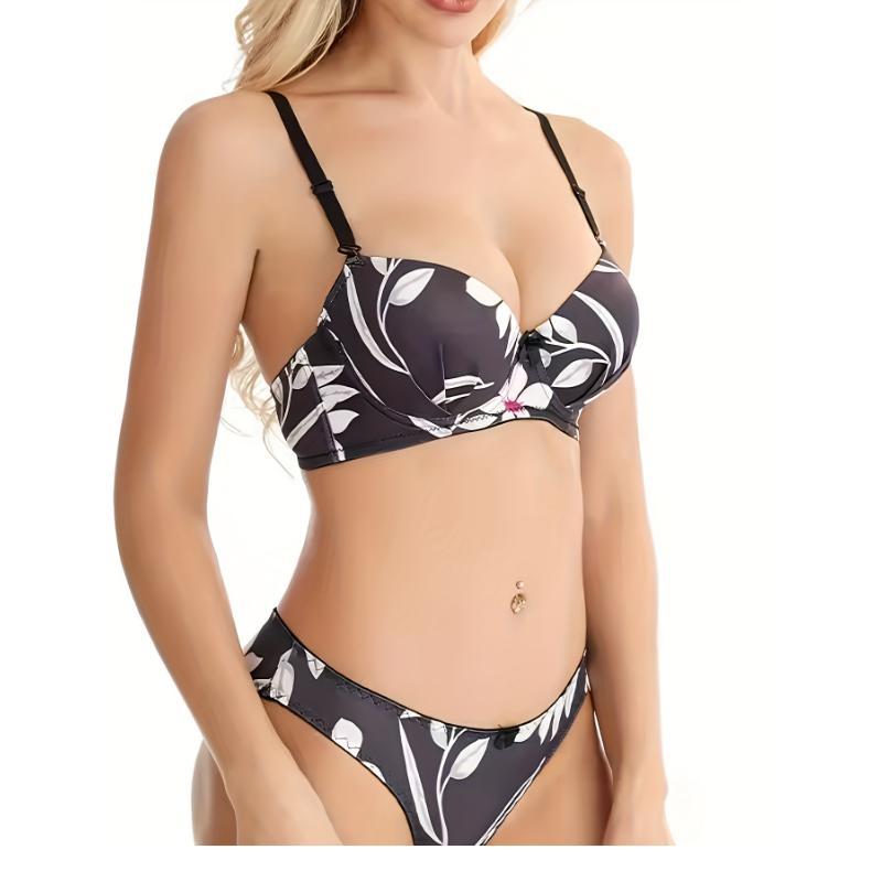 2025 New Cross-Border Dropshipping Floral Print Underwear Set Color Matching Push-Up Kemi