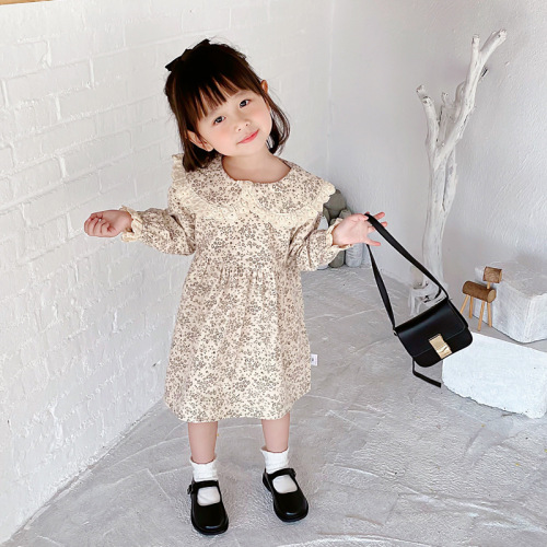 Children's Dress Spring and Autumn New Style Girls' Fashionable Lace Collar Floral Long Sleeve Dress Korean Style Skirt